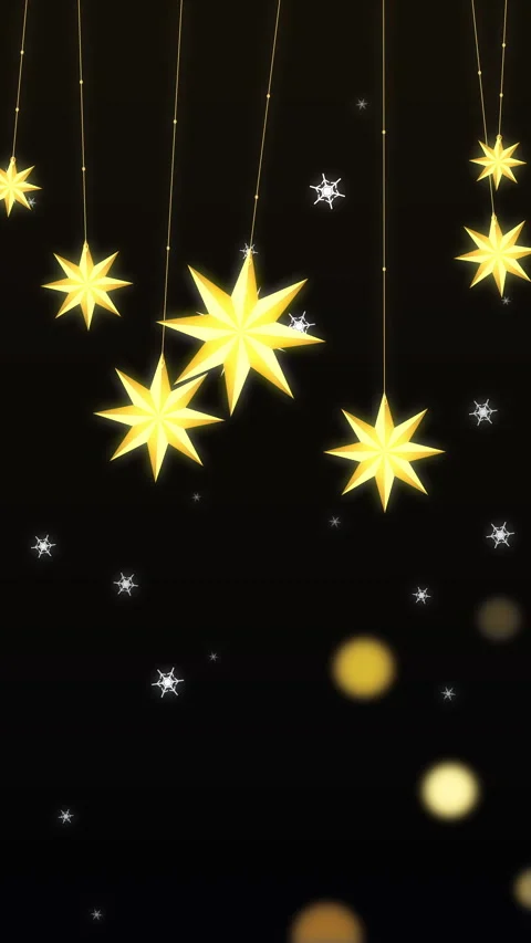 Pixel star hanging animation loop with golden glow and snow texture Stock Footage 346555480