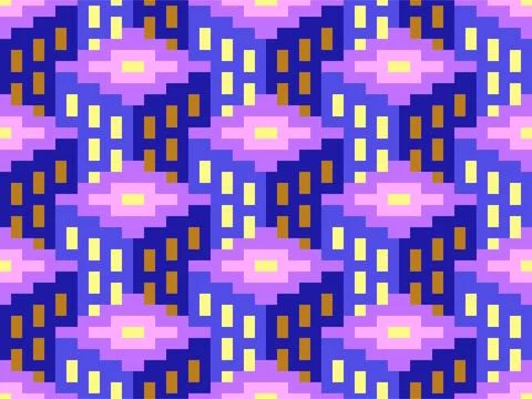 Pixel Starlight Cityscape Seamless Pattern Stock Illustration