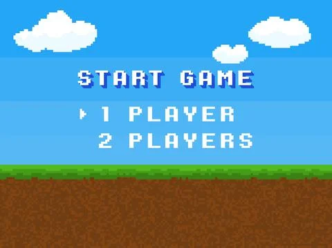 Pixel start game. 8 bit control menu screen, retro digital gameplay text, comic Stock Illustration