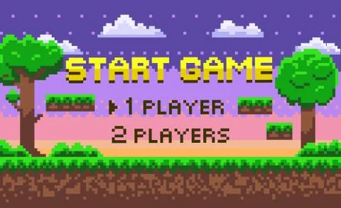 Pixel Start Game, Green Location, Adventure Vector Stock Illustration