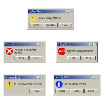 Pixel style computer error popup window collection set, vector pixel art Stock Illustration