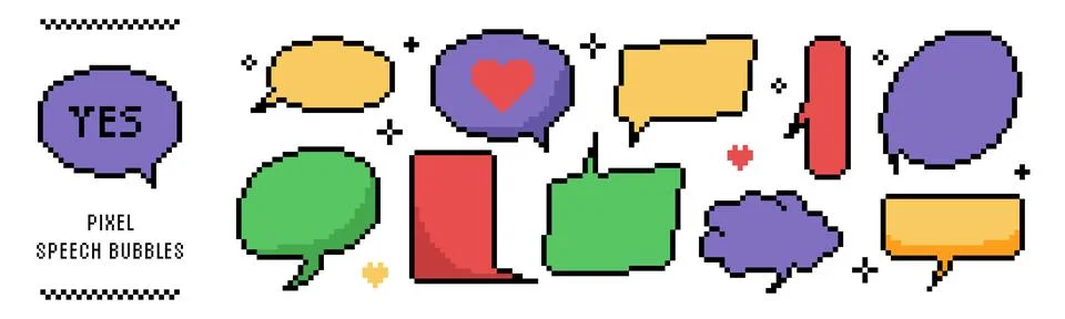 Pixel style dialogue boxes collection. Empty message balloons in different .. Stock Illustration