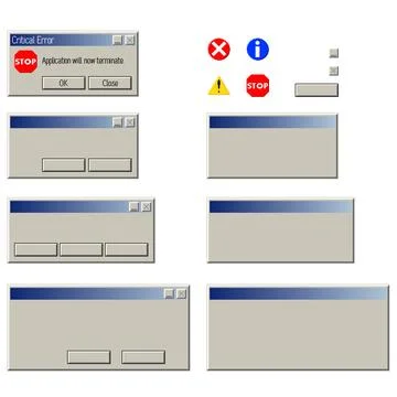 Pixel style error window construction kit with icons and buttons, vector set Stock Illustration