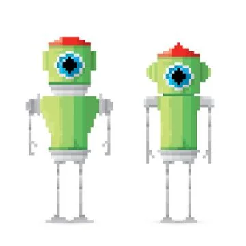 Pixel style green robot set Stock Illustration