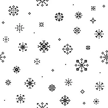Pixel style seamless snowflake pattern on white background Stock Illustration