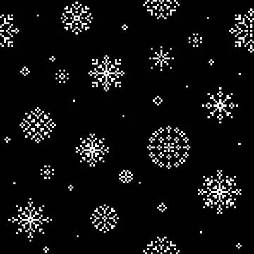 Pixel style seamless snowflake pattern on dark background Stock Illustration