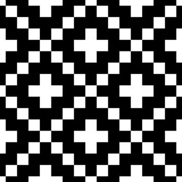 Pixel style vector seamless pattern. White black ornaments on white background Stock Illustration