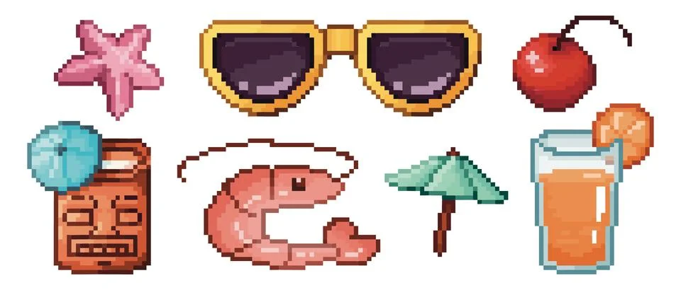 Pixel summer sticker set Stock Illustration