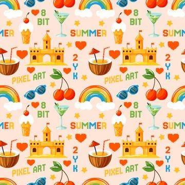 Pixel summer travel seamless pattern. Fun retro game background with Y2k icons Stock Illustration