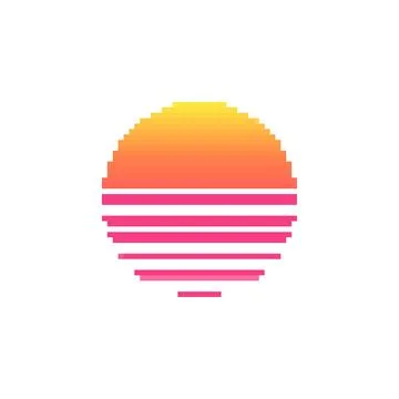 Pixel sunset icon gradient orange pink. Retro pixel art sunset striped design Stock Illustration