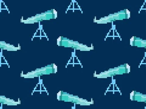 Pixel telescope seamless pattern. Telescope on a tripod in pixel art style... Stock-Illustration