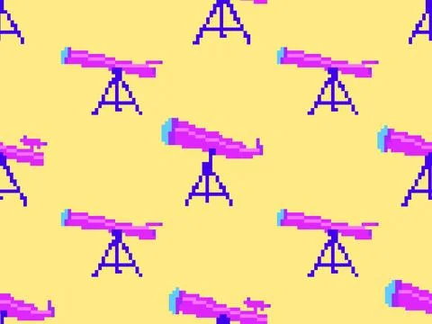 Pixel telescope seamless pattern. Telescope on a tripod in pixel art style... 库存插图