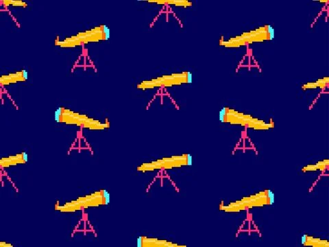 Pixel telescope seamless pattern. Telescope on a tripod in pixel art style... 库存插图
