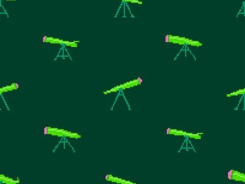 Pixel telescope seamless pattern. Telescope on a tripod in pixel art style... Stock Illustration