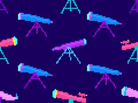 Pixel telescope seamless pattern. Telescope on a tripod in pixel art style... 库存插图
