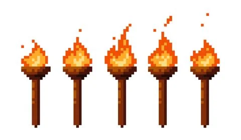 Pixel torch animation set. Pixelated fire flame in retro style for 8 bit Stock Illustration