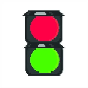 Pixel traffic light on white background, traffic light in cartoon style Stock Illustration