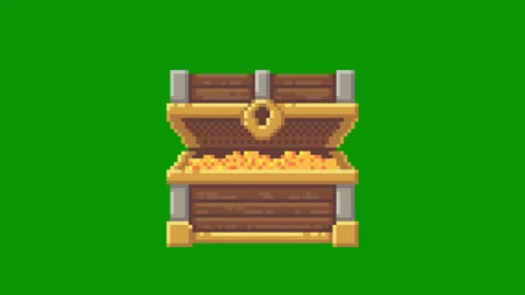 Pixel treasure chest gold opening animation Stock Footage 333311993
