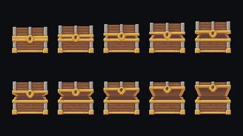 Pixel treasure chest opening animation frames イラスト素材