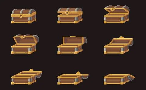 Pixel treasure chest opening frames animation set イラスト素材