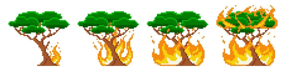 Pixel tree combustion fire stage. Fire is gradually engulfing green large tree. Stock Illustration