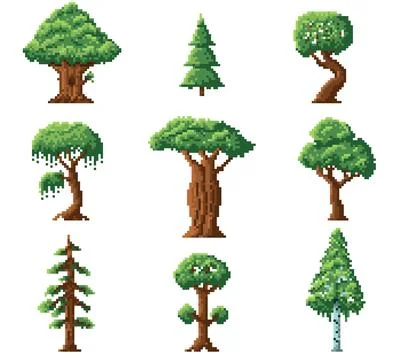Pixel trees. Game design elements, forest location plants, different types, 8 Illustrazione stock