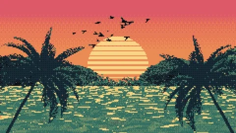 Pixel tropical background in 4K. 8-bit panoramic retro background. Stock Footage 293165570