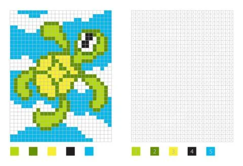 Pixel turtle cartoon in the coloring page with numbered squares Stock Illustration
