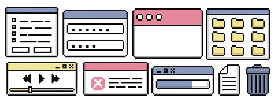 Pixel UI elements with frames and browser windows Illustrazione stock