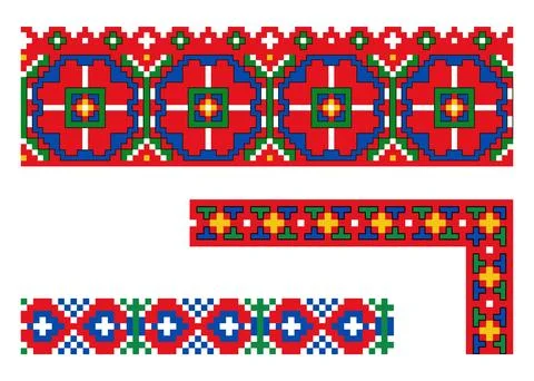 Pixel Ukrainian Ornament Set with Borders Stock Illustration