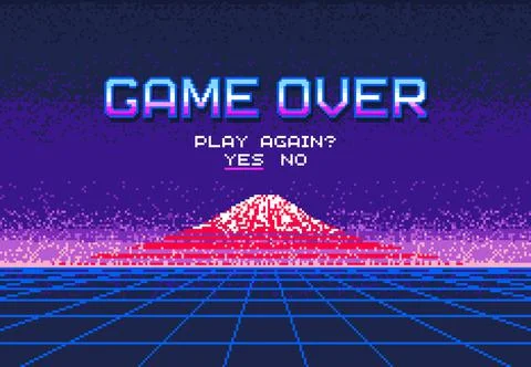 Pixel video game over screen with mount Fujiyama Illustrazione stock