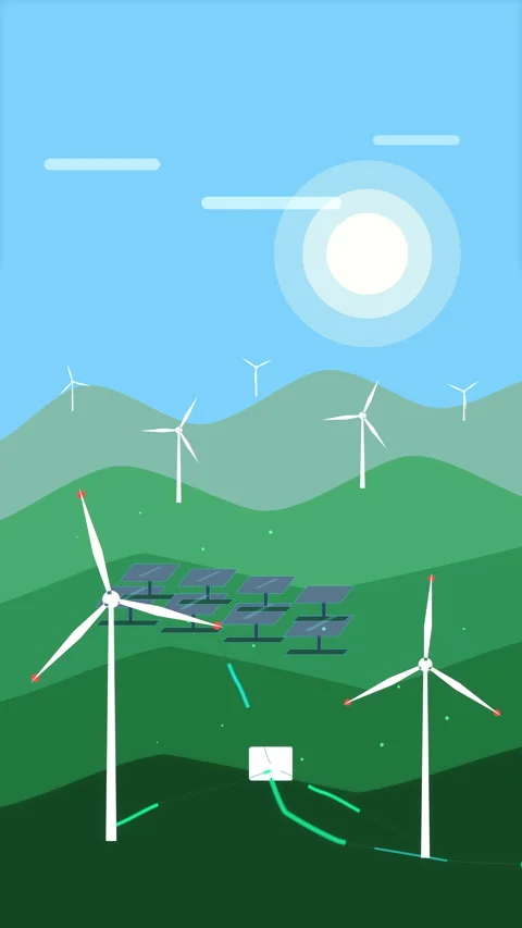 Pixel wind turbine solar farm animation green landscape energy Stock Footage 346552989