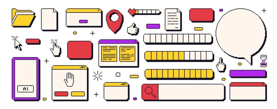 Pixel windows interfaces set . 8 bit frames and icons. 90s text boxes and speech Illustrazione stock