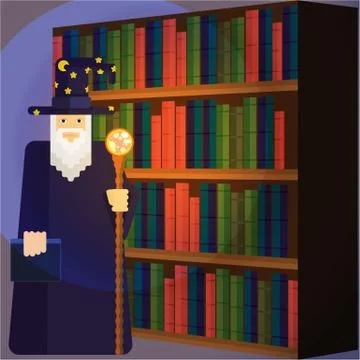 Pixel wise mage with  staff in library . Cool and funny cartoon charachter fo Stock Illustration