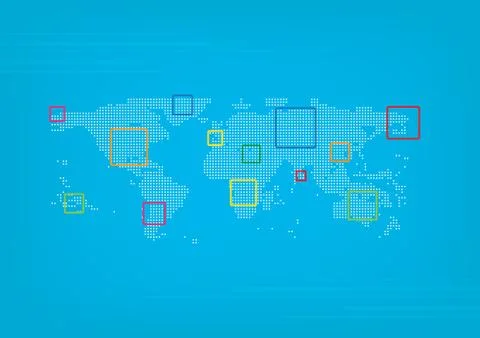 Pixel world map with colored box point Stock Illustration