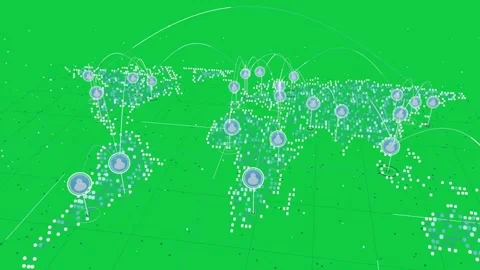 Pixel world map showing hubs appearing and arcs drawing, forming global net over Stock Footage 337127273
