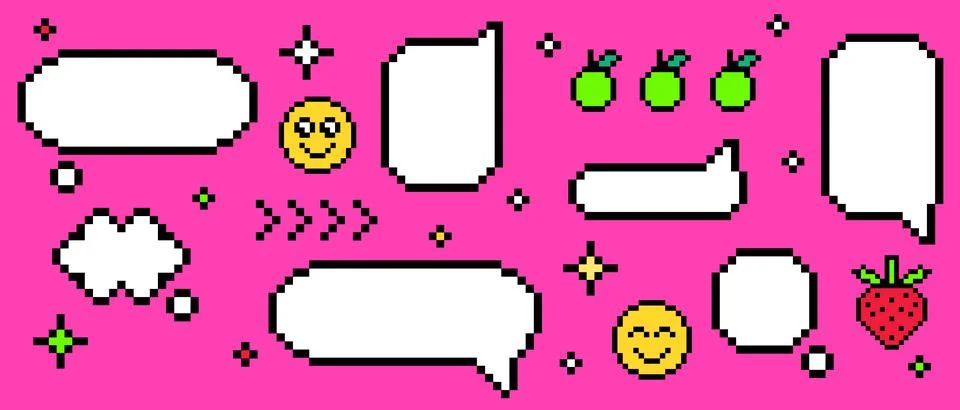 Pixel y2k speech bubbles with retro chat elements Stock Illustration