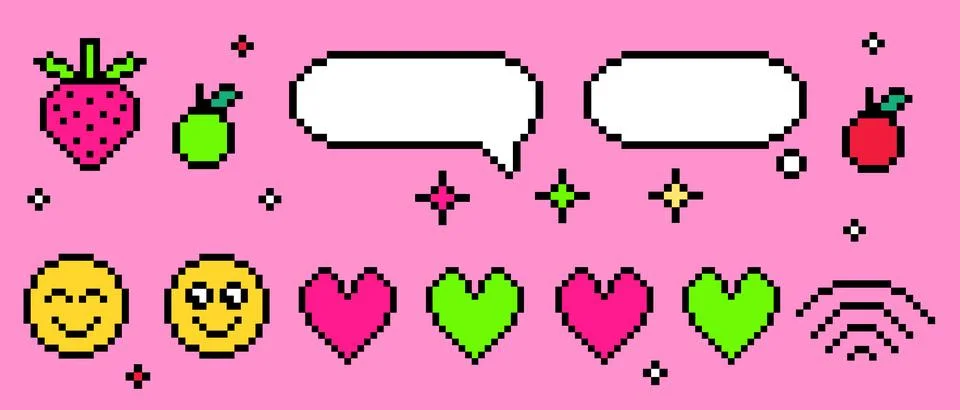 Pixel y2k speech bubbles with retro chat elements Illustrazione stock