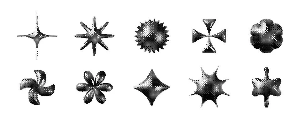 Pixelated 3d Y2K shape set. Bitmap stars, flowers, sparkles element collection Illustrazione stock