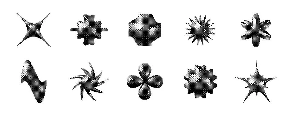 Pixelated 3d Y2K shape set. Bitmap stars, flowers, sparkles, waves element Illustrazione stock