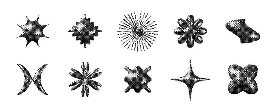 Pixelated 3d Y2K shape set. Bitmap stars, flowers, sparkles element collection Illustrazione stock