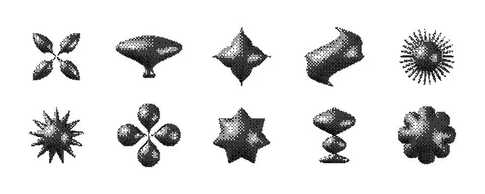 Pixelated 3d Y2K shape set. Bitmap stars, flowers, sparkles, waves element 스톡 일러스트