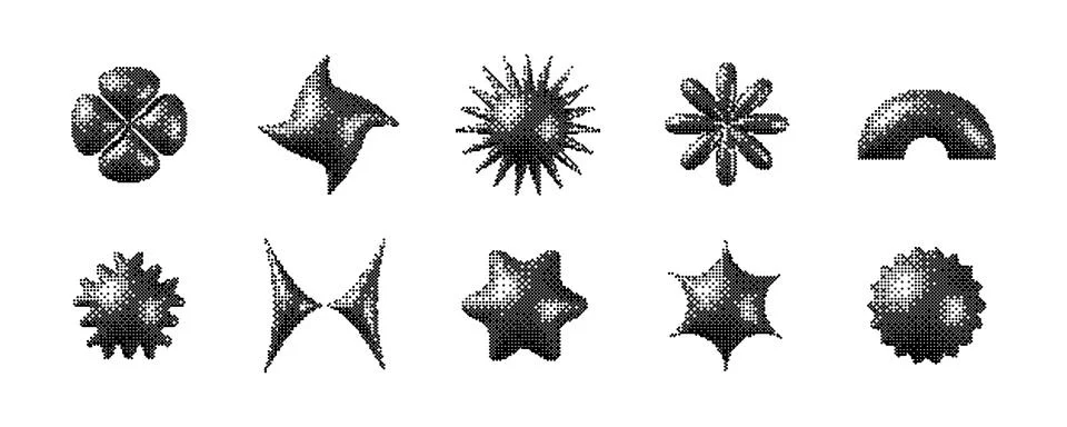 Pixelated 3d Y2K shape set. Bitmap stars, flowers, sparkles, arch element Illustrazione stock