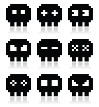 Pixelated 8bit skull vector icons set Stock Illustration
