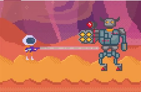 Pixelated alien in space suit with blaster shooting robot. Pixel characters with Illustrazione stock