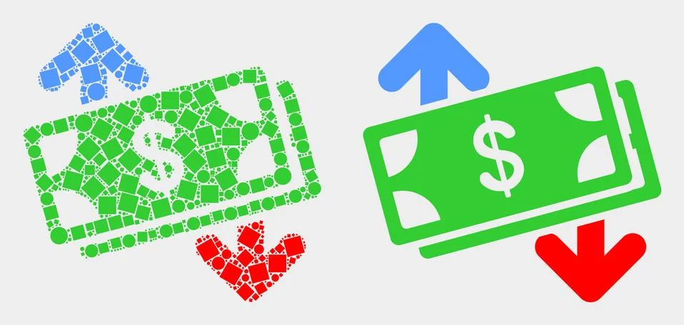 Pixelated and Flat Vector Banknotes Exchange Arrows Icon 스톡 일러스트