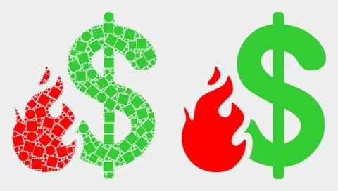 Pixelated and Flat Vector Dollar Fire Icon Illustrazione stock