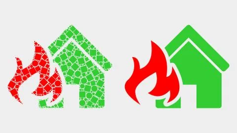 Pixelated and Flat Vector House Fire Disaster Icon Stock Illustration