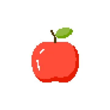 Pixelated apple icon with a green leaf. Retro pixel art of a red apple with a Illustrazione stock