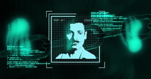 Pixelated avatar undergoing biometric verification upon auth request, HUD grid Foto stock